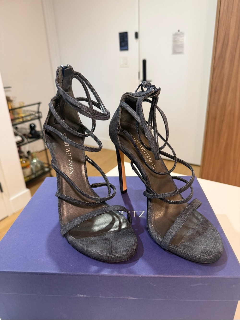Stuart Weitzman Navy Denim Lace-Up Stiletto Sandals